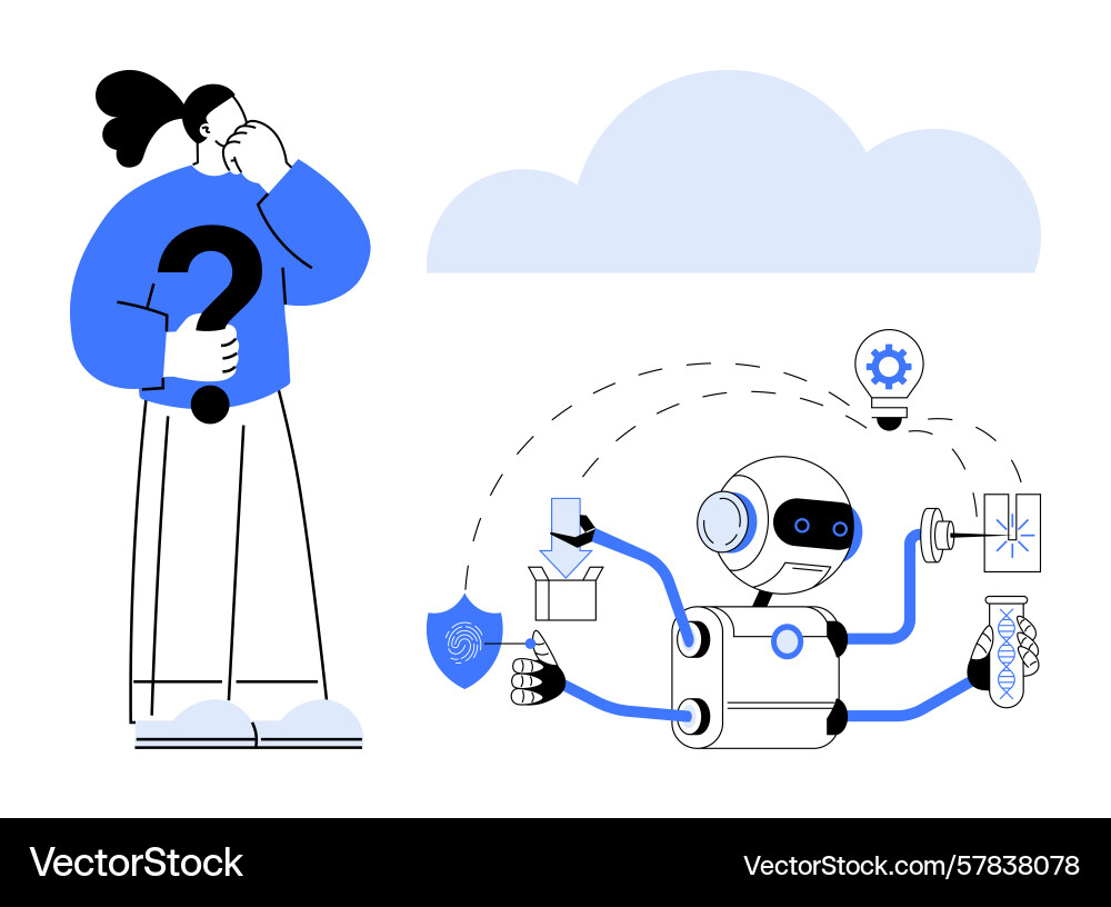 Person contemplating next to multitasking robot Person contemplating next to multitasking robot Vector Image