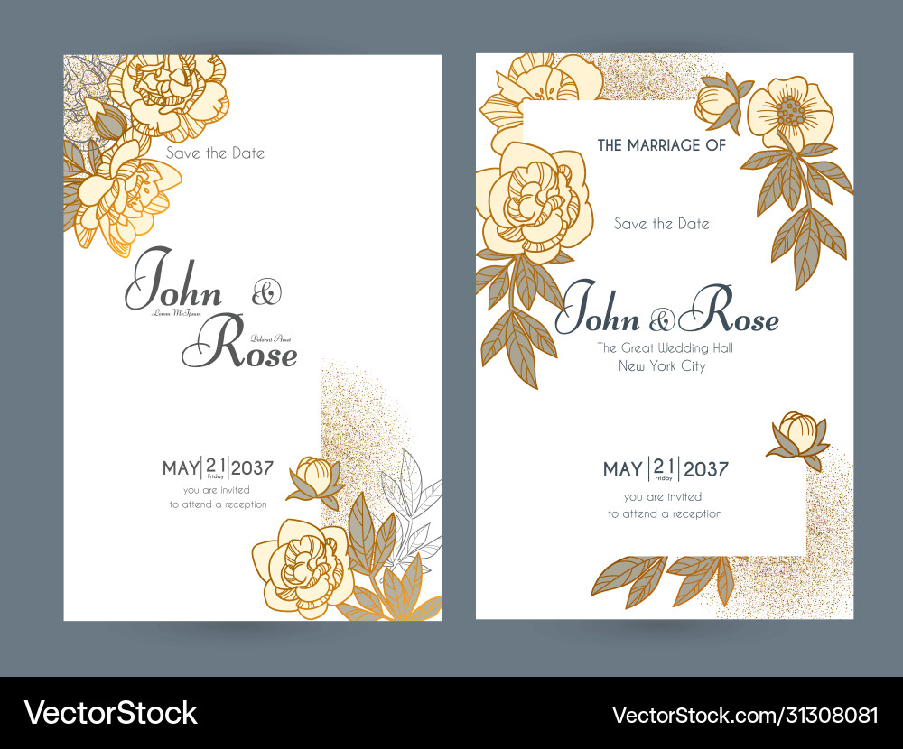 Wedding invitation card set with peony flowers Wedding invitation card set with peony flowers Vector Image