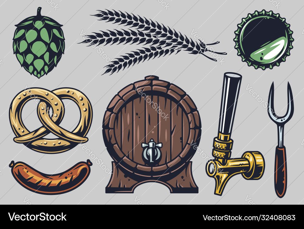 Bar barrel spikelet hop sausage fork pretzel Bar barrel spikelet hop sausage fork pretzel vector image
