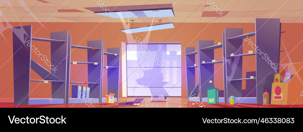 Destroyed empty supermarket with broken window Destroyed empty supermarket with broken window vector image