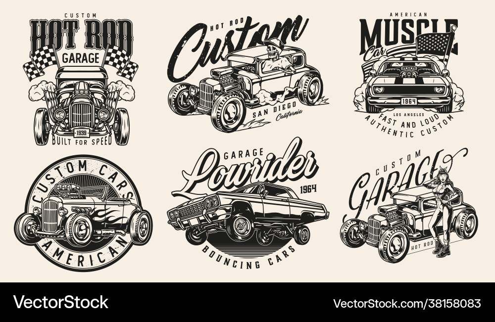 Vintage American Hot Rods & Cars Vector Image