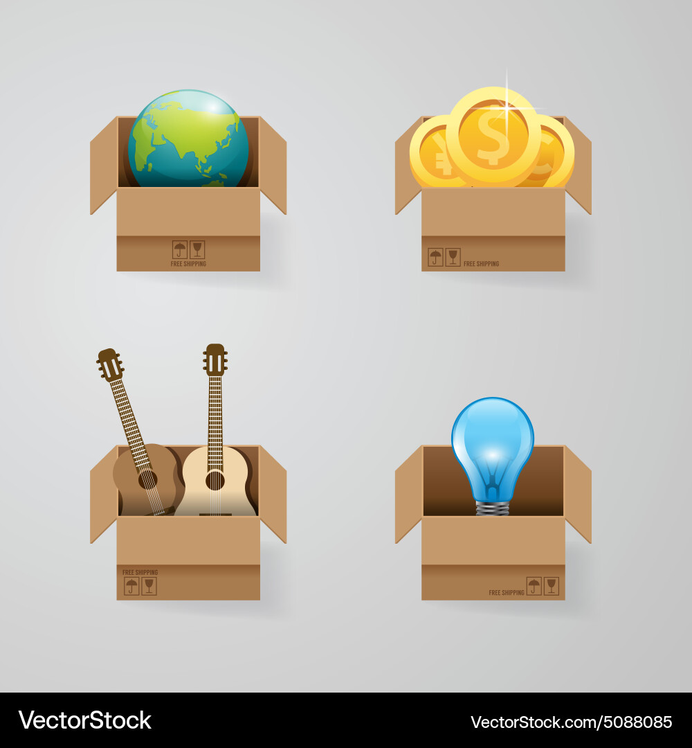Objects in open box set design concept vector image