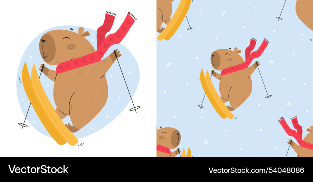 Skiing funny capybara character seamless pattern Skiing funny capybara character seamless pattern vector image