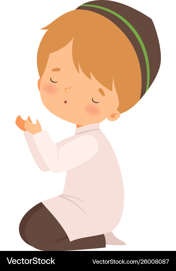 Cute muslim boy character kneeling and praying Cute muslim boy character kneeling and praying vector image