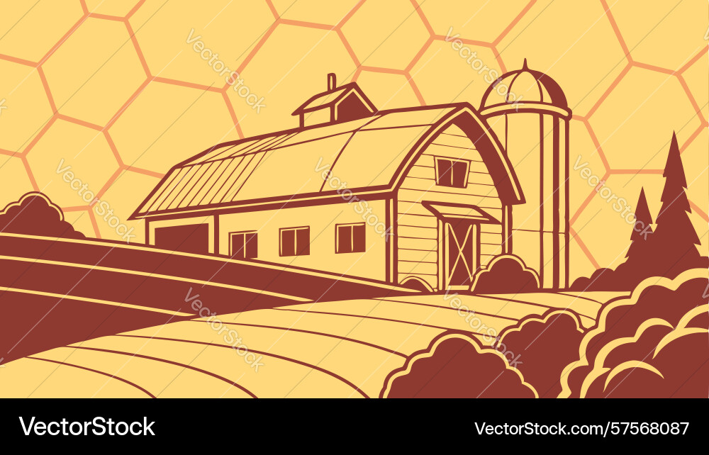 Rustic american barn with fields and hexagonal vector image