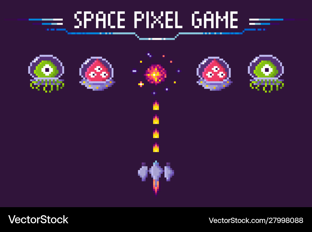 Space pixel game aliens and spaceship pixelated Space pixel game aliens and spaceship pixelated vector image