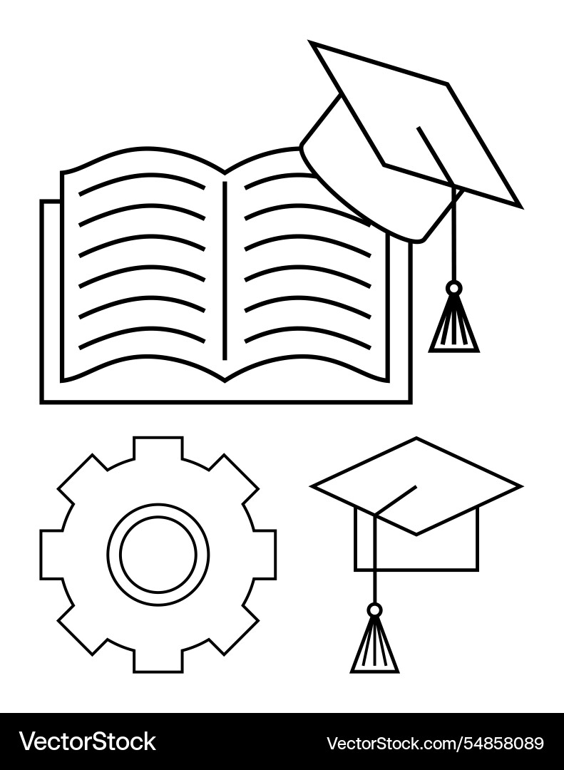 Open book with graduation caps and gear Open book with graduation caps and gear vector image