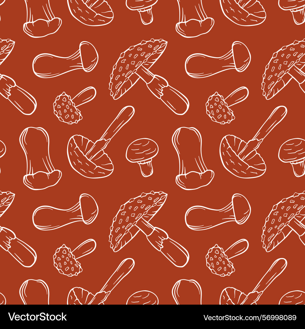 Seamless pattern with mushroom in line art style Vector Image
