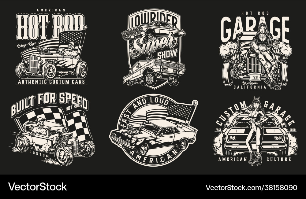 Custom cars monochrome vintage emblems vector image