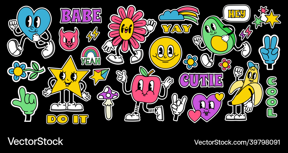 Retro cartoon stickers with funny comic characters vector image