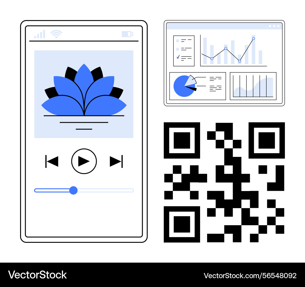 Mobile app interface with media player analytics Mobile app interface with media player analytics Vector Image