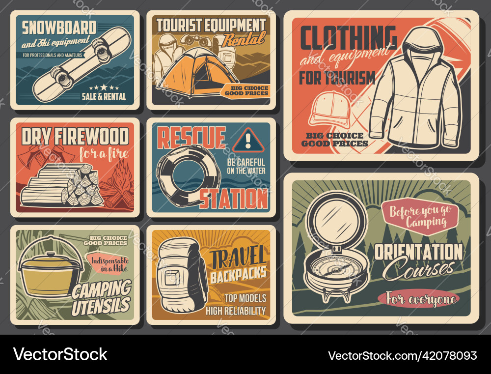 Camping tourism travel equipment shop banners Camping tourism travel equipment shop banners vector image
