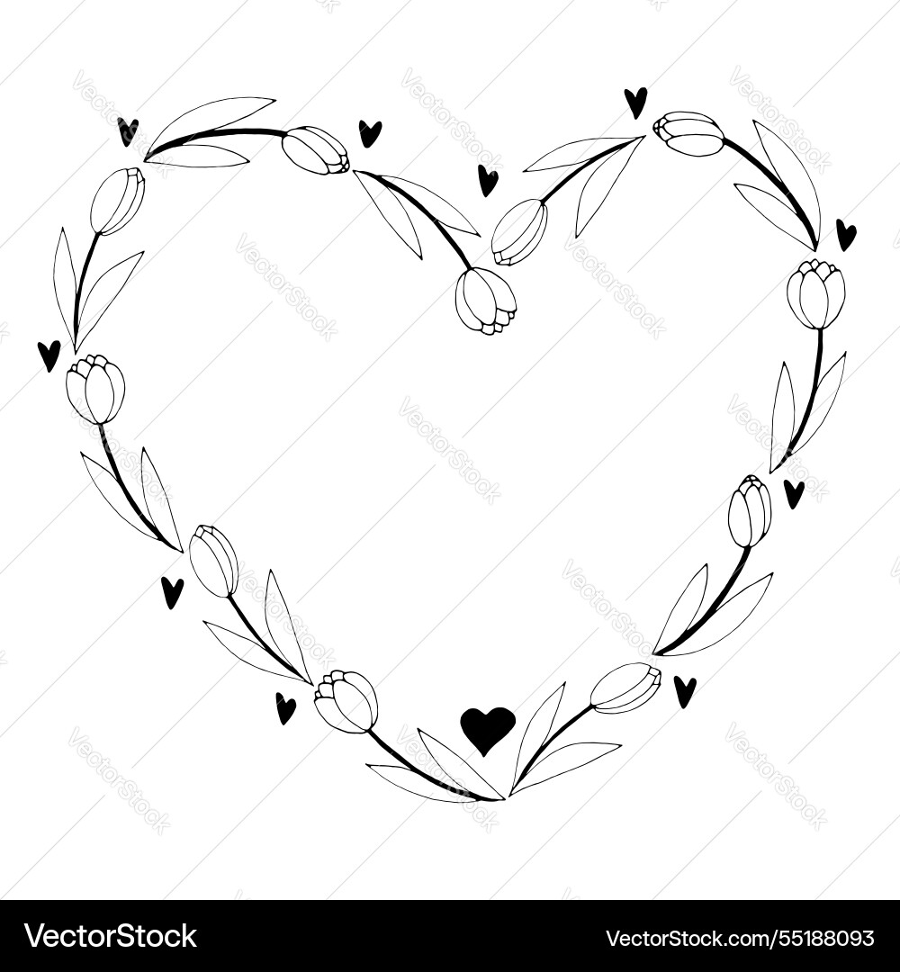 Frame in the shape of a heart from outline tulips Frame in the shape of a heart from outline tulips vector image