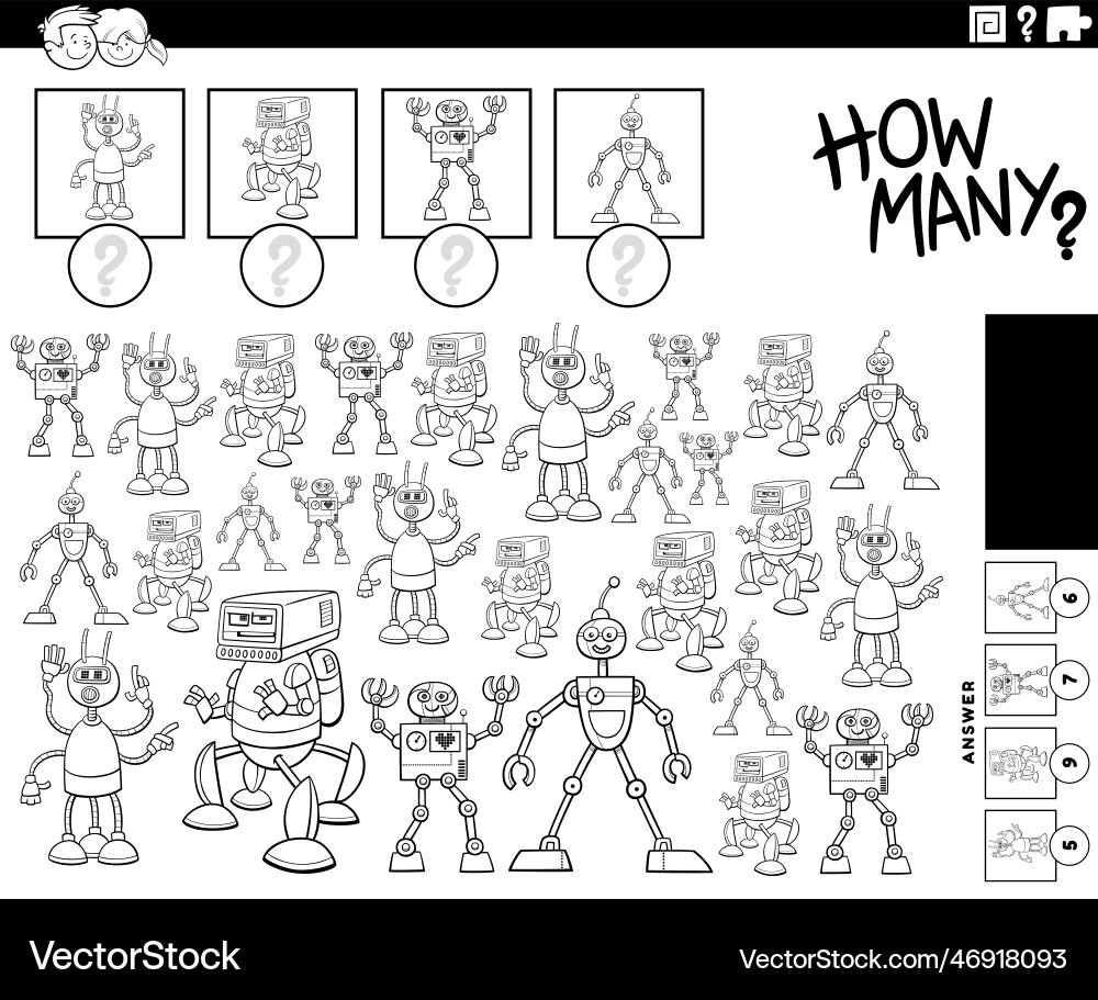How many cartoon robots counting activity How many cartoon robots counting activity vector image