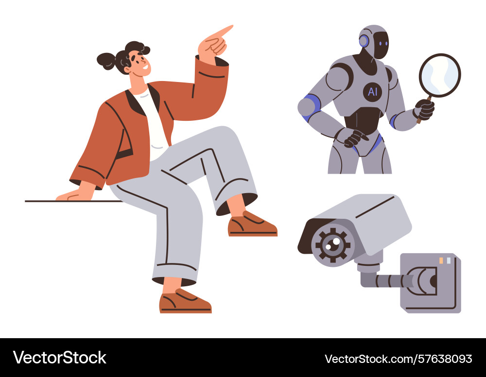 Human interaction with ai robot and surveillance Human interaction with ai robot and surveillance vector image