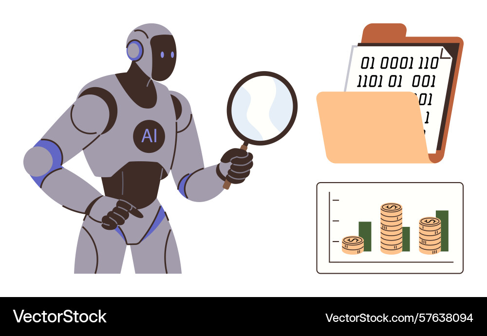 Ai robot analyzing data with a magnifying glass Ai robot analyzing data with a magnifying glass vector image