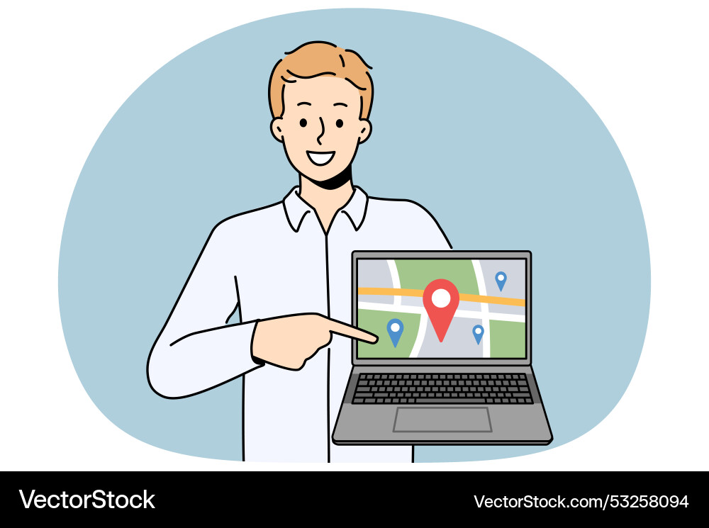 Lächelnde Mann zeigen gps Tracker auf dem Karte Computer Lächelnde Mann zeigen gps Tracker auf dem Karte Computer vektorbild