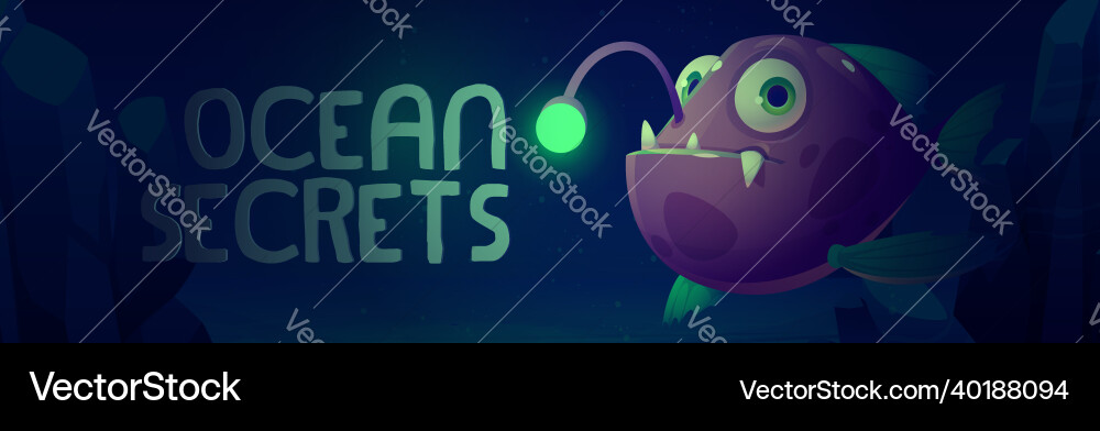 Ocean secrets cartoon banner scary angler fish Ocean secrets cartoon banner scary angler fish vector image