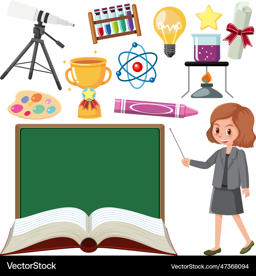 Set of teaching equipment tools and teacher Set of teaching equipment tools and teacher vector image