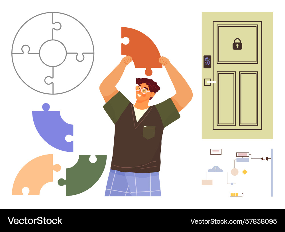 Man solving puzzle pieces with security door Man solving puzzle pieces with security door vector image