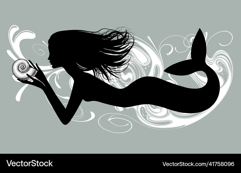 Black silhouette of a mermaid girl with spiral vector image