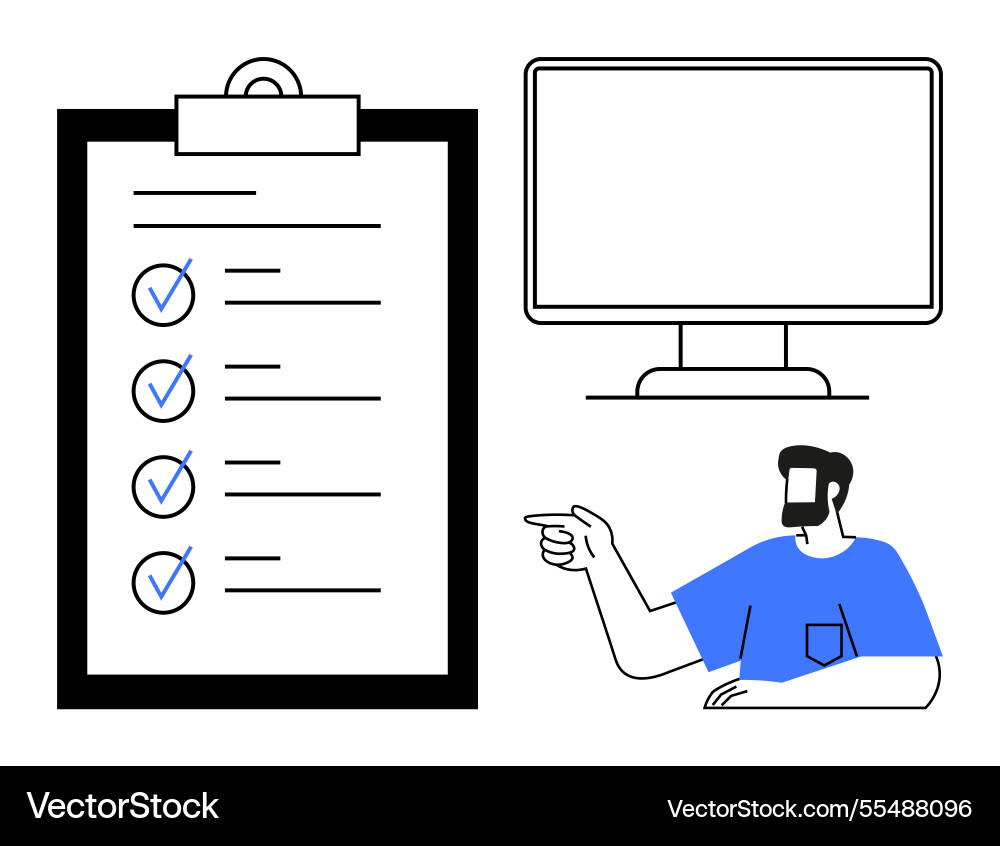 Man pointing at checklist and screen highlighting Man pointing at checklist and screen highlighting vector image