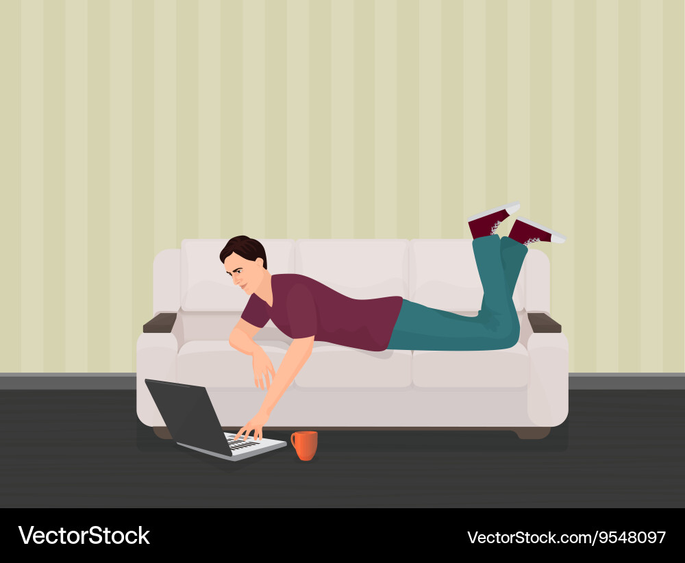Man lying on the couch sofa and using a laptop vector image