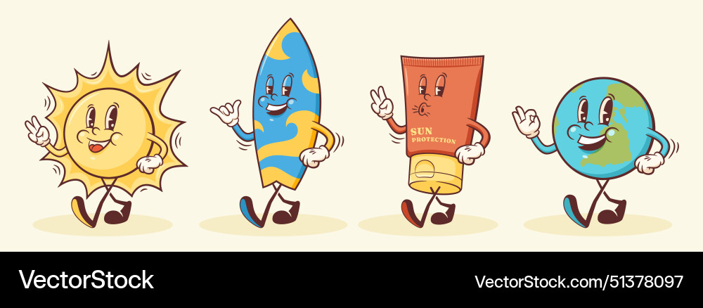 Summer retro cartoon characters set groovy sun Summer retro cartoon characters set groovy sun vector image
