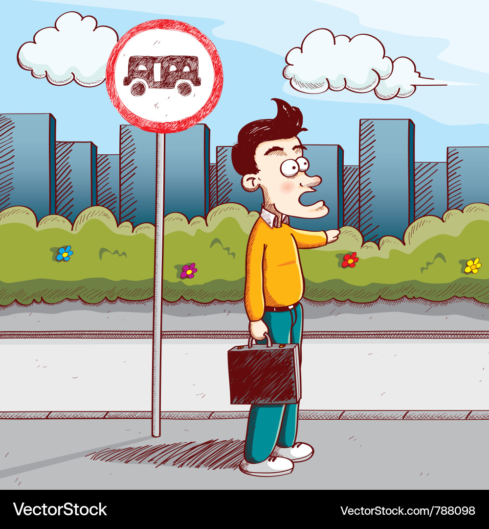 Man Waiting at Bus Stop Vector Image