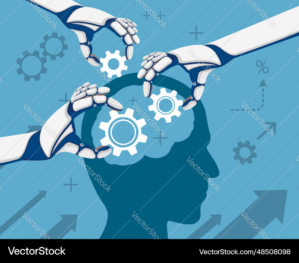 Robot hands insert gears into a human head Vector Image