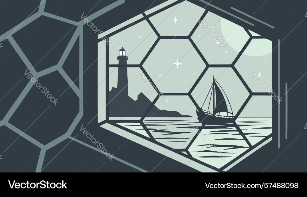 Sailboat in hexagonal window frame art design vector image