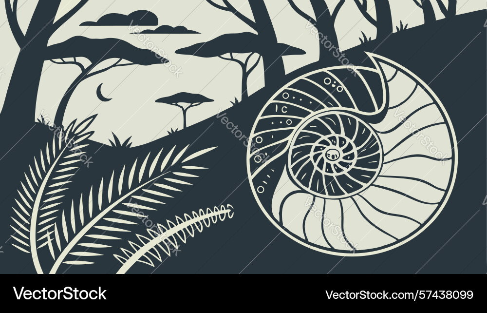 Ancient nautilus shell fossil in jungle scene vector image