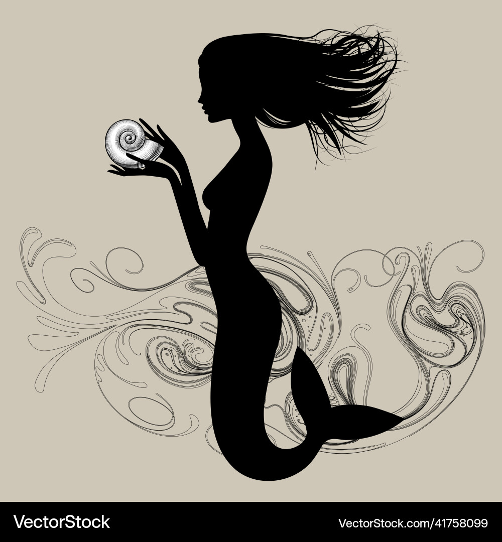 Black silhouette of a mermaid girl with spiral vector image