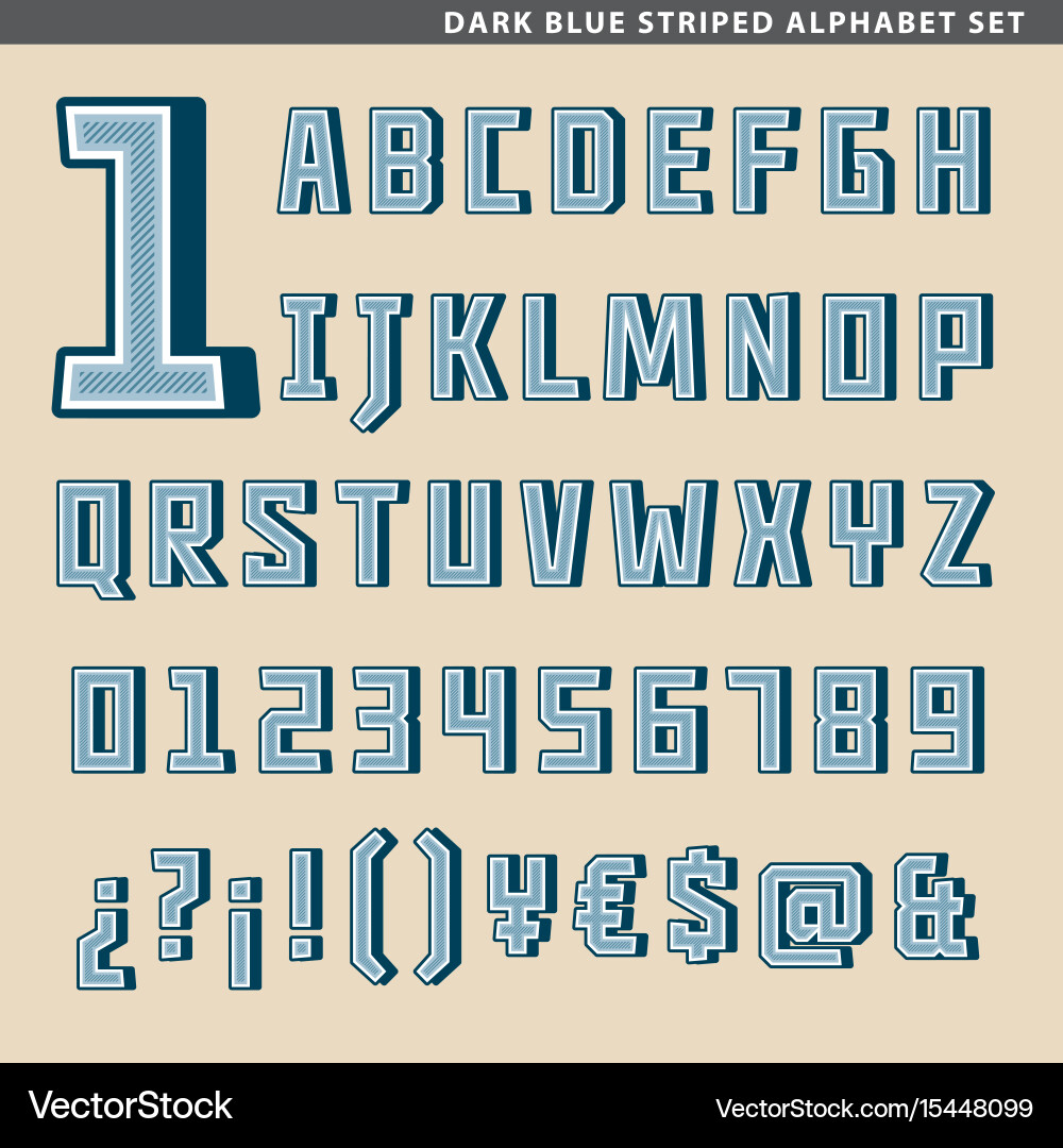 Dark blue striped alphabet set vector image