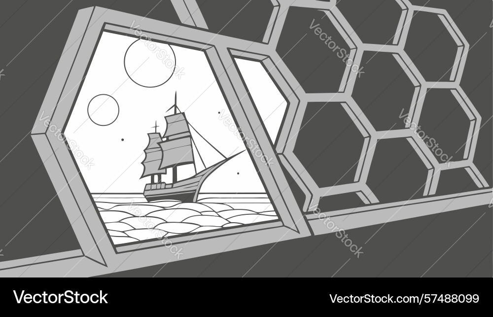 Ship sailing through hexagonal window design vector image