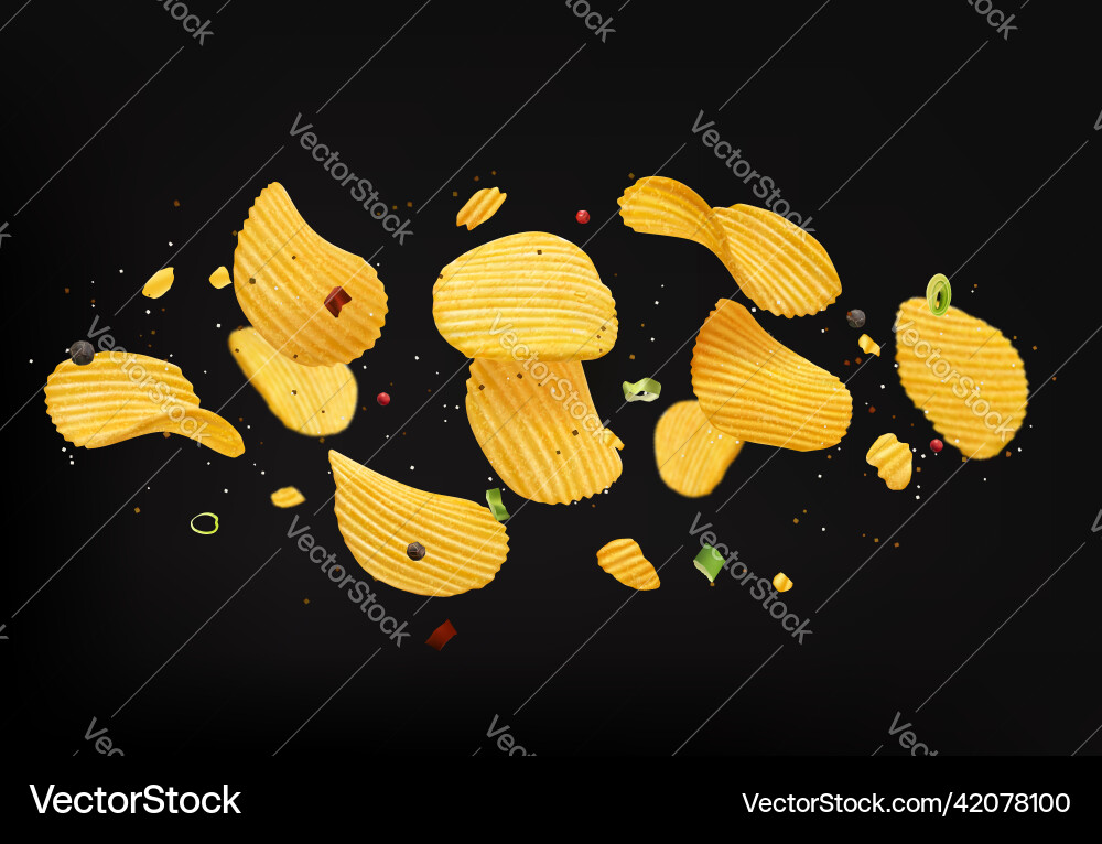 Flying crispy ripple potato chips onion spices Vector Image