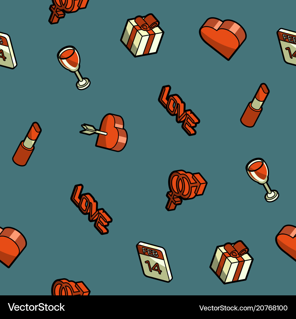 Valentines day color outline isometric pattern vector image