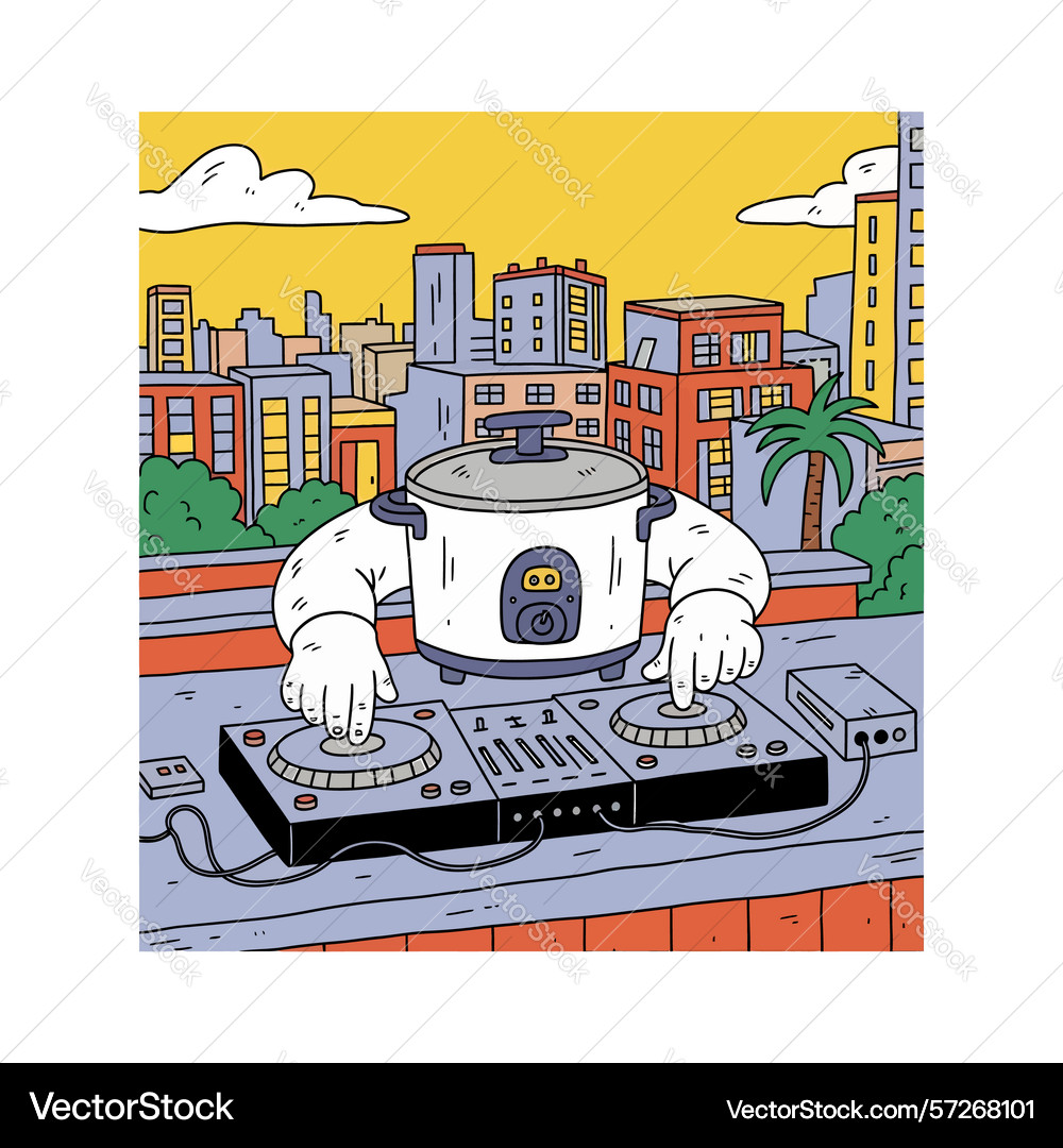 Rice cooker dj rooftop remix - urban skyline Vector Image