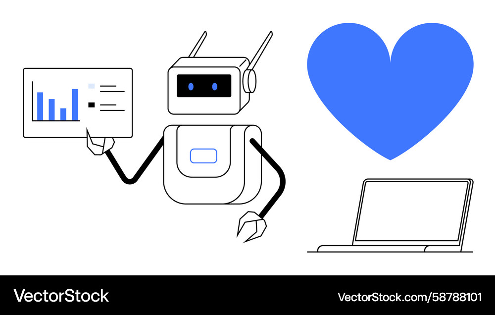 Robot presenting data insights with heart symbol Robot presenting data insights with heart symbol Vector Image