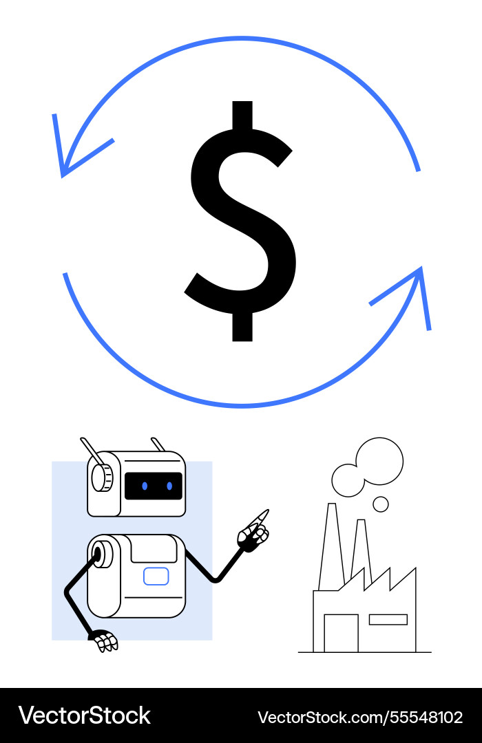 Automation in industry robot pointing at factory Automation in industry robot pointing at factory vector image
