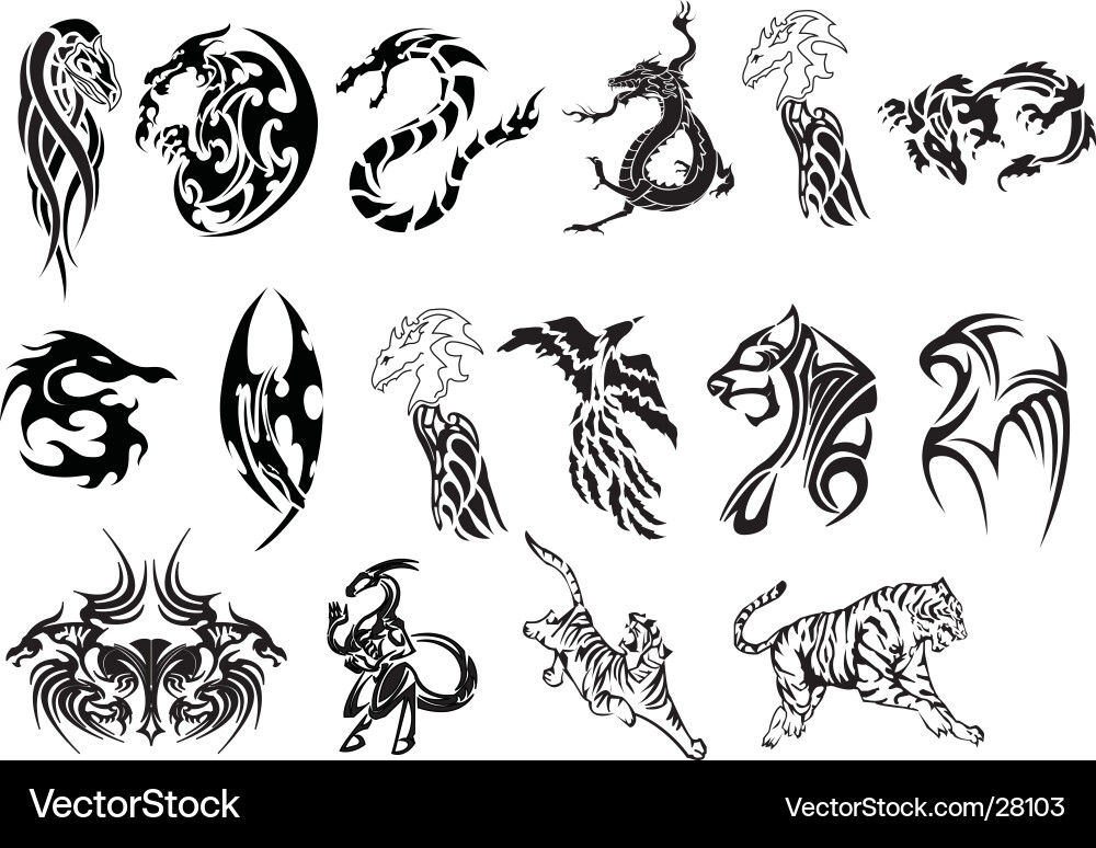 Dragon and Phoenix Tattoo Set vector image