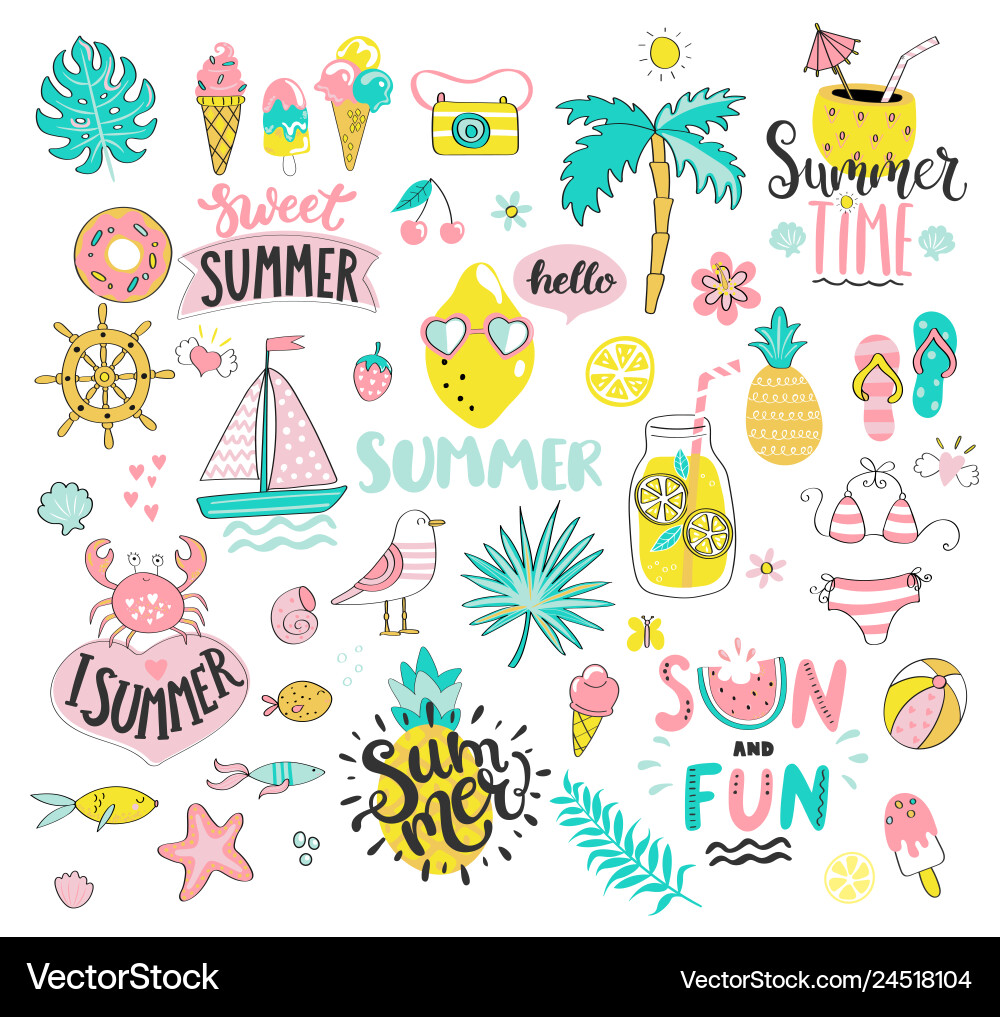 Big summer set of sun and fun hand drawn elements Big summer set of sun and fun hand drawn elements vector image
