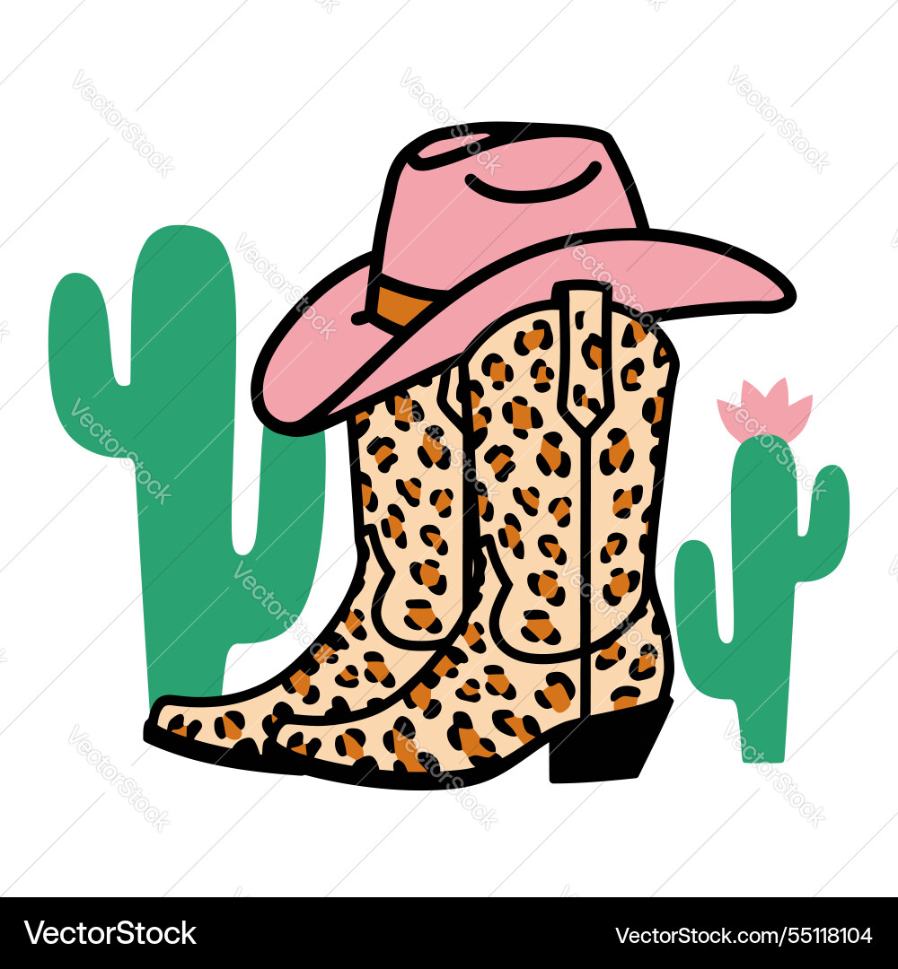Cowgirl boots with leopard print and pink hat illu Cowgirl boots with leopard print and pink hat illu vector image