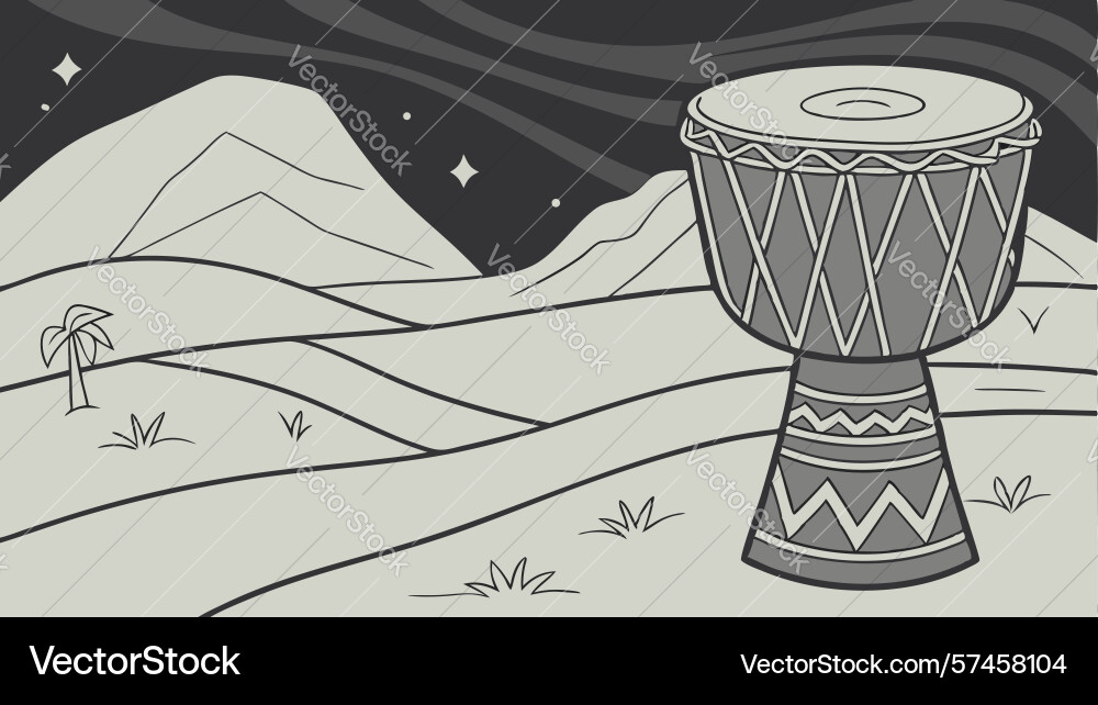 Djembe drum in open field with hills design Vector Image