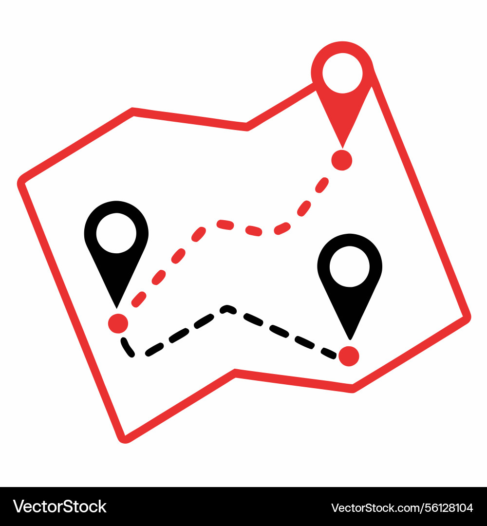 Folded map showing a route with three location vector image