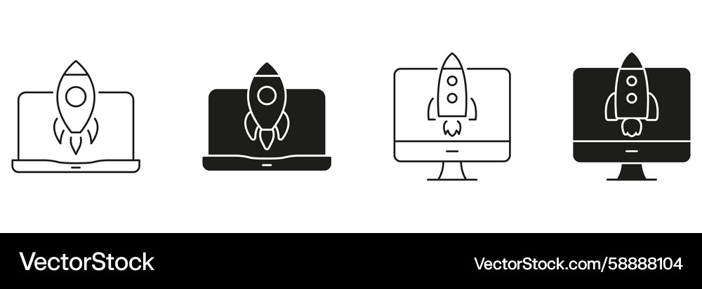 Rocket launch on computer screen line and solid Rocket launch on computer screen line and solid Vector Image