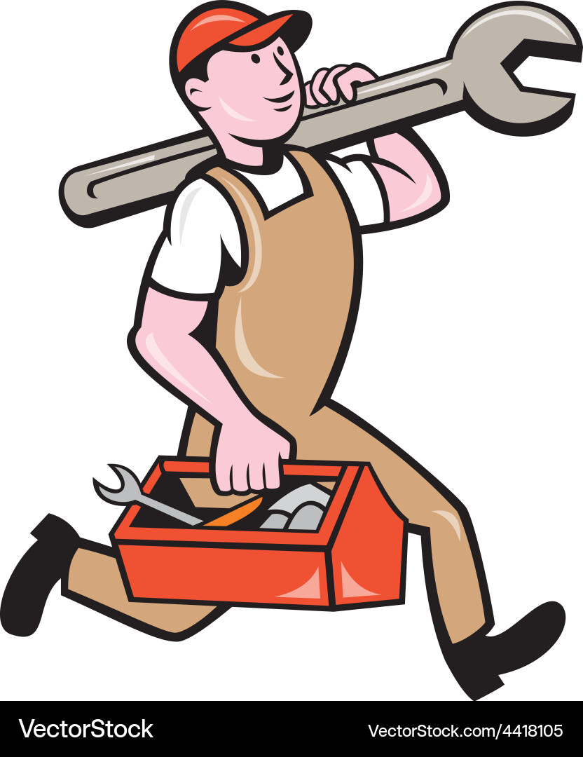 Mechanic carrying spanner toolbox running isolated vector image