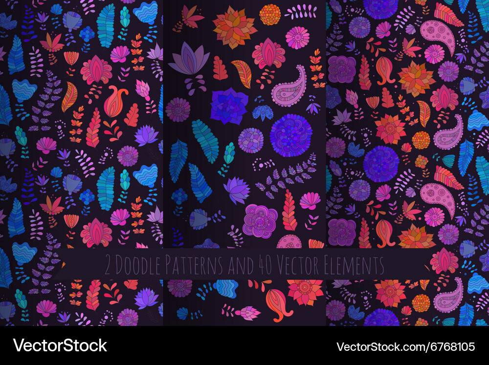 Set of doodle seamless pattern and elements Vector Image