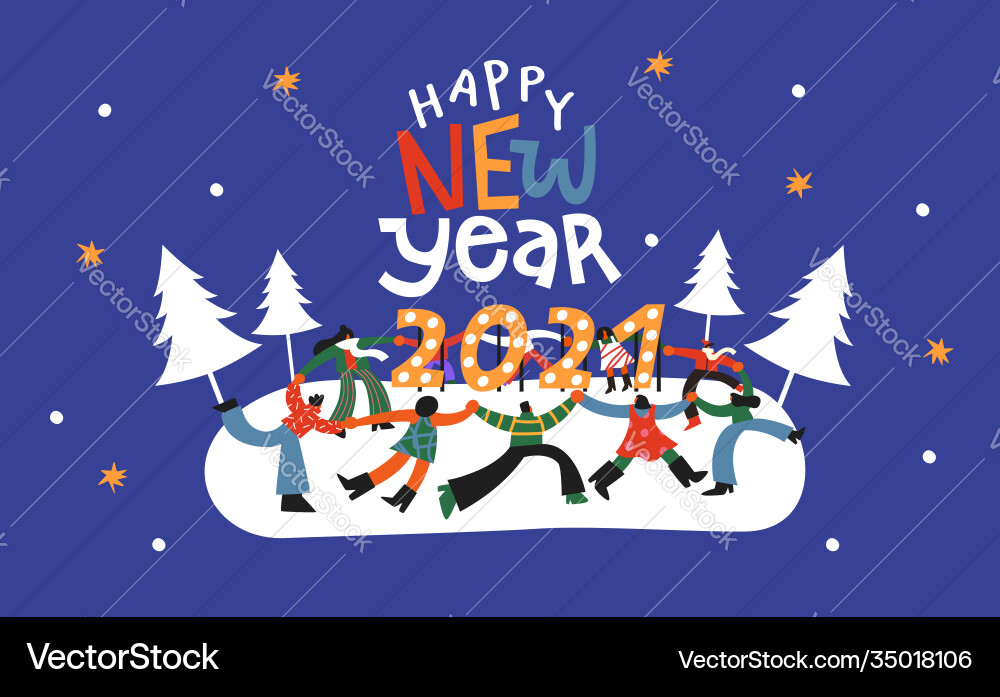 Happy new year 2021 people party dancing card Happy new year 2021 people party dancing card vector image