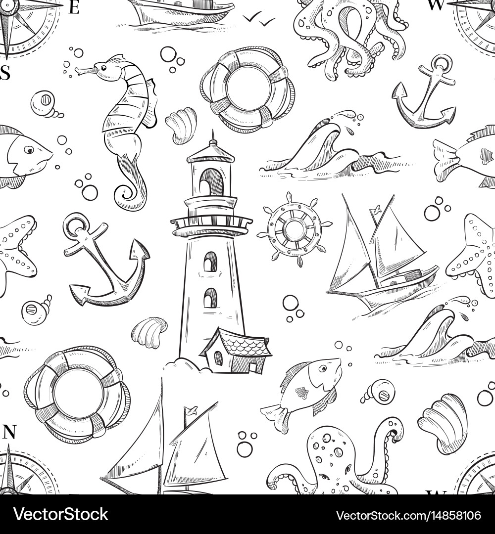 Nautical Doodle Sea Pattern Royalty Free Vector Image